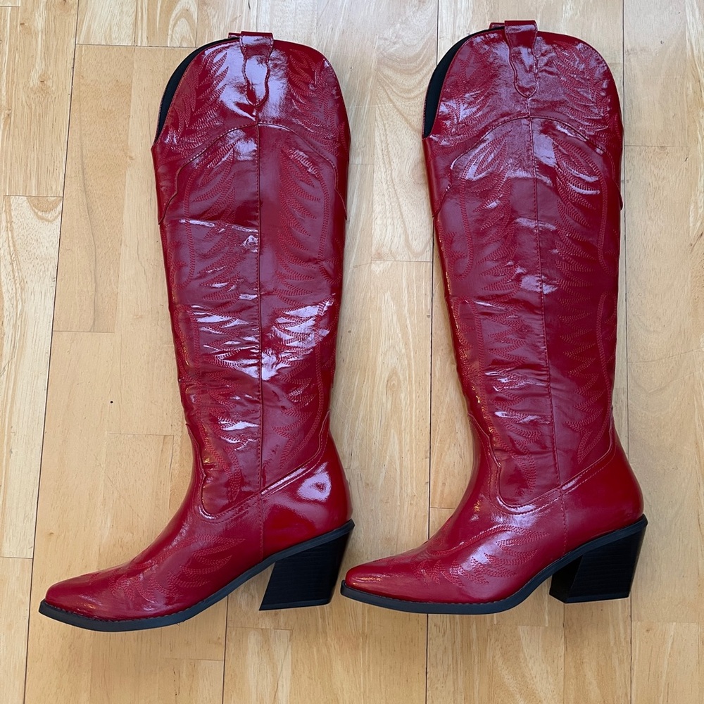 Cowboy Western Patent Red Leather Heeled Boots Knee High